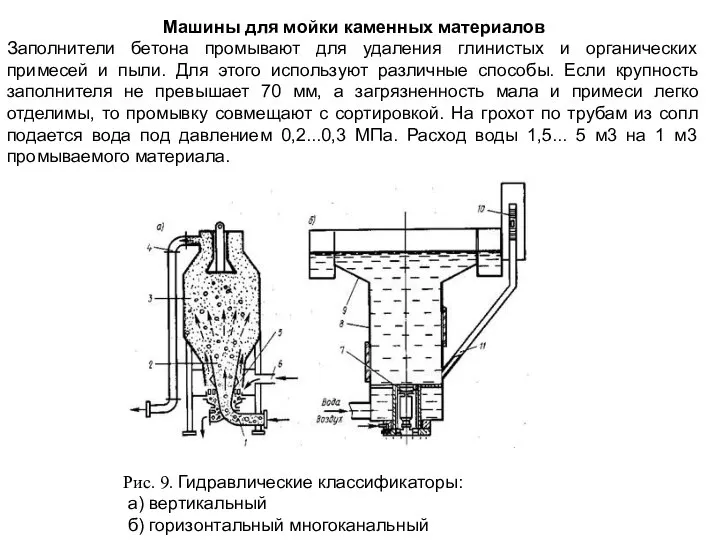 Рис. 9. Гидравлические классификаторы: а) вертикальный б) горизонтальный многоканальный Машины для