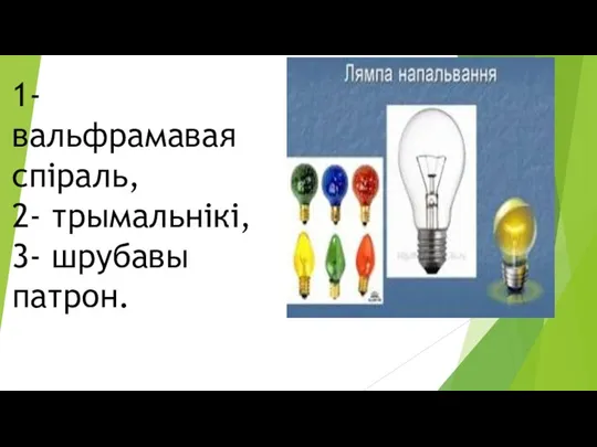 1- вальфрамавая спіраль, 2- трымальнікі, 3- шрубавы патрон.