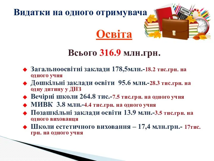 Освіта Всього 316.9 млн.грн. Загальноосвітні заклади 178,5млн.-18.2 тис.грн. на одного учня