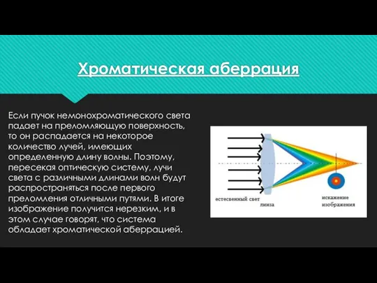 Хроматическая аберрация Если пучок немонохроматического света падает на преломляющую поверхность, то