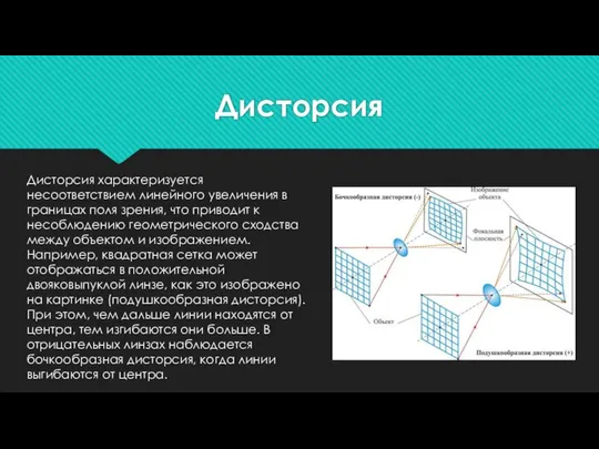 Дисторсия Дисторсия характеризуется несоответствием линейного увеличения в границах поля зрения, что