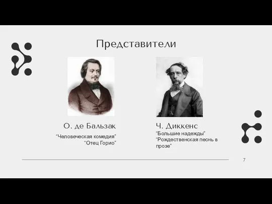 7 Представители “Большие надежды” “Рождественская песнь в прозе” “Человеческая комедия” “Отец