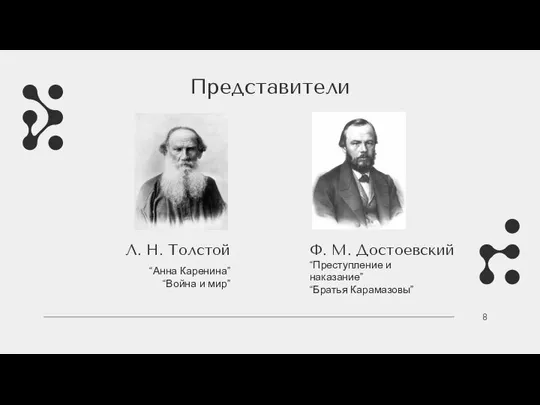 8 Представители “Преступление и наказание” “Братья Карамазовы” “Анна Каренина” “Война и