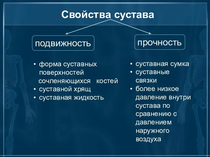 Свойства сустава подвижность прочность форма суставных поверхностей сочленяющихся костей суставной хрящ