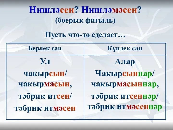 Нишләсен? Нишләмәсен? (боерык фигыль) Пусть что-то сделает…