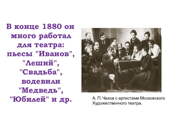 В конце 1880 он много работал для театра: пьесы "Иванов", "Леший",