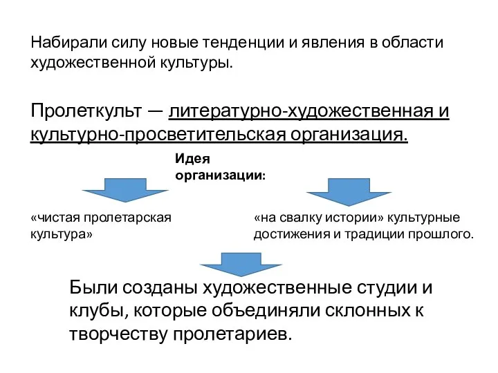 Набирали силу новые тенденции и явления в области художественной культуры. Пролеткульт