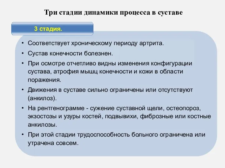 3 стадия. Соответствует хроническому периоду артрита. Сустав конечности болезнен. При осмотре