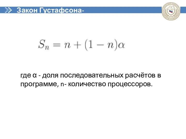 Закон Густафсона-Барсиса где α - доля последовательных расчётов в программе, n- количество процессоров.