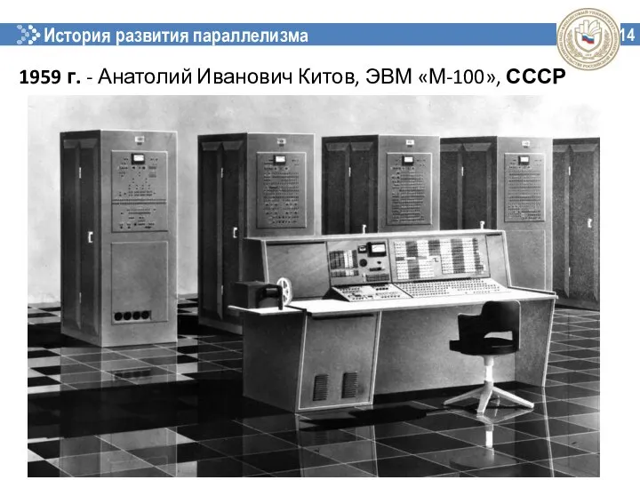 История развития параллелизма 14 1959 г. - Анатолий Иванович Китов, ЭВМ «М-100», СССР