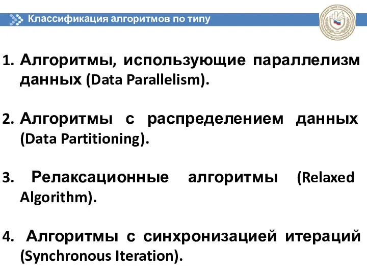 Классификация алгоритмов по типу параллелизма Алгоритмы, использующие параллелизм данных (Data Parallelism).