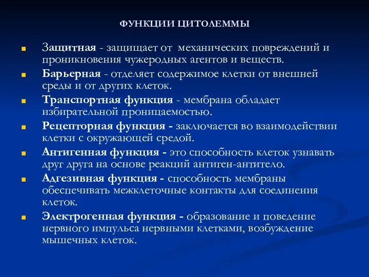 ФУНКЦИИ ЦИТОЛЕММЫ Защитная - защищает от механических повреждений и проникновения чужеродных