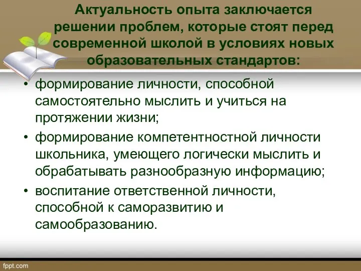 Актуальность опыта заключается решении проблем, которые стоят перед современной школой в