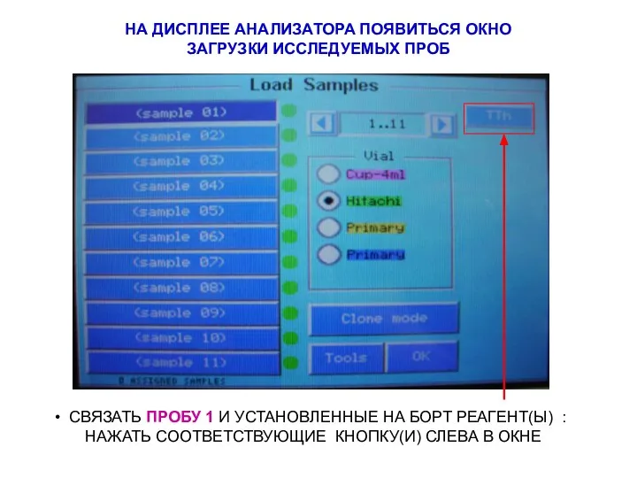 НА ДИСПЛЕЕ АНАЛИЗАТОРА ПОЯВИТЬСЯ ОКНО ЗАГРУЗКИ ИССЛЕДУЕМЫХ ПРОБ СВЯЗАТЬ ПРОБУ 1