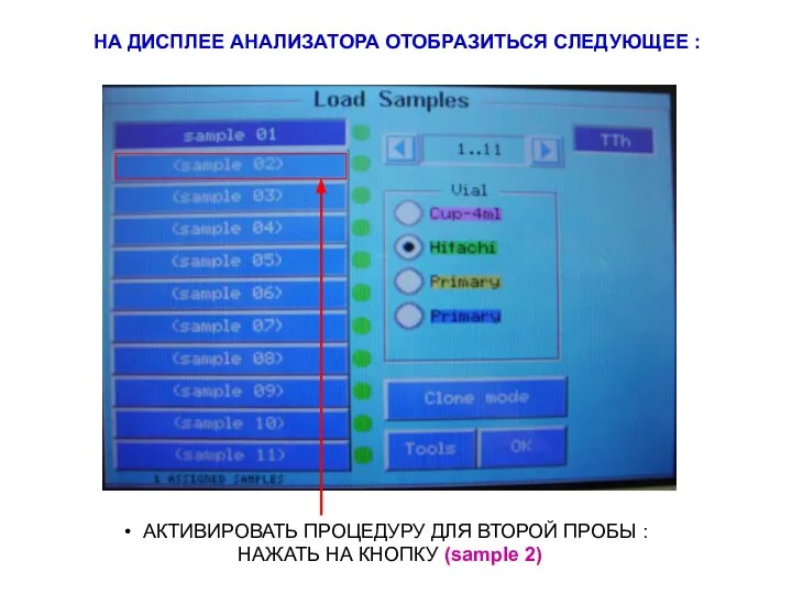 НА ДИСПЛЕЕ АНАЛИЗАТОРА ОТОБРАЗИТЬСЯ СЛЕДУЮЩЕЕ : АКТИВИРОВАТЬ ПРОЦЕДУРУ ДЛЯ ВТОРОЙ ПРОБЫ