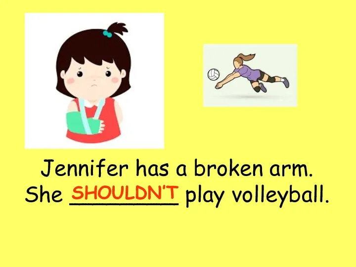 Jennifer has a broken arm. She ________ play volleyball. SHOULDN’T