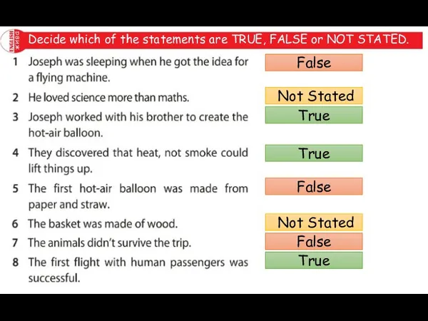 Decide which of the statements are TRUE, FALSE or NOT STATED.