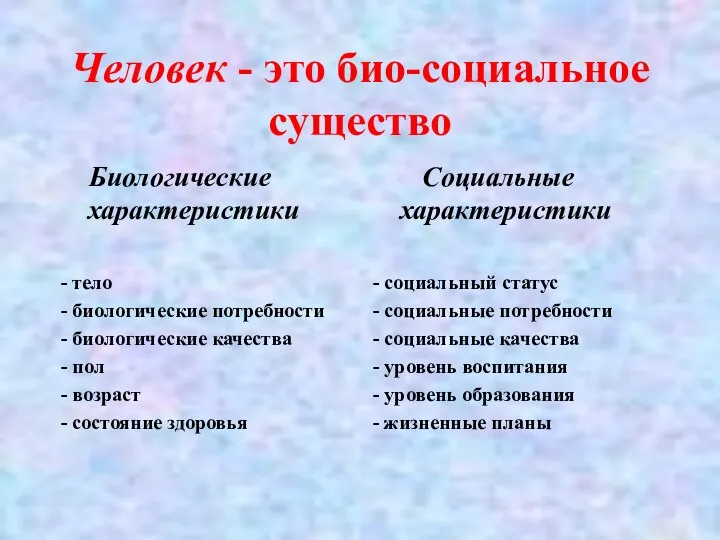 Человек - это био-социальное существо Биологические характеристики - тело - биологические