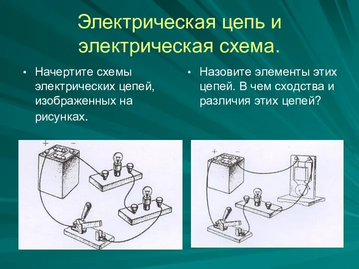 Электрическая цепь и электрическая схема. Начертите схемы электрических цепей, изображенных на