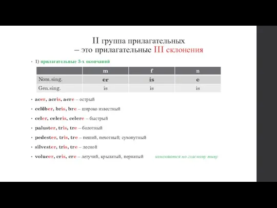 II группа прилагательных – это прилагательные III склонения 1) прилагательные 3-х