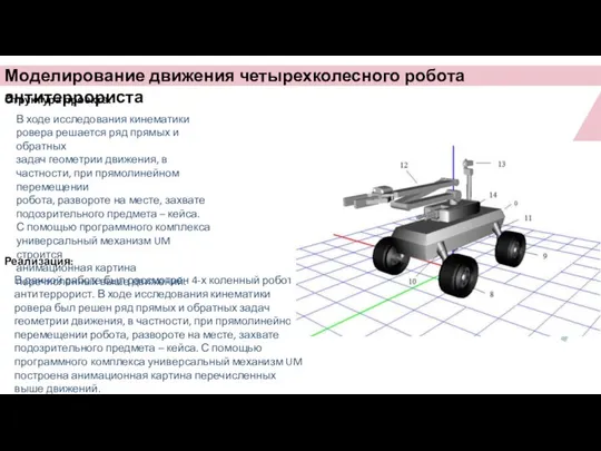 Моделирование движения четырехколесного робота антитеррориста Структура проекта: В ходе исследования кинематики