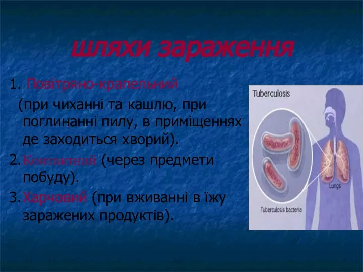 1. Повітряно-крапельний (при чиханні та кашлю, при поглинанні пилу, в приміщеннях