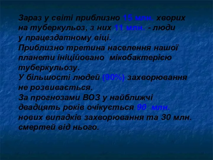 Зараз у світі приблизно 15 млн. хворих на туберкульоз, з них