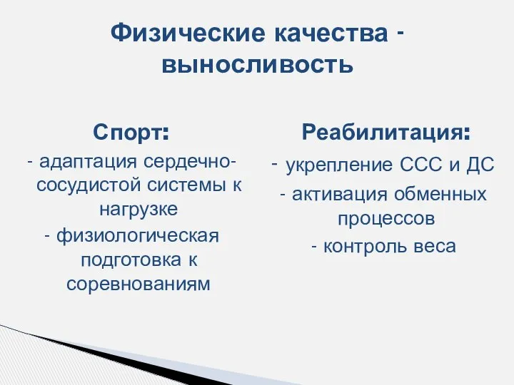 Спорт: - адаптация сердечно-сосудистой системы к нагрузке - физиологическая подготовка к