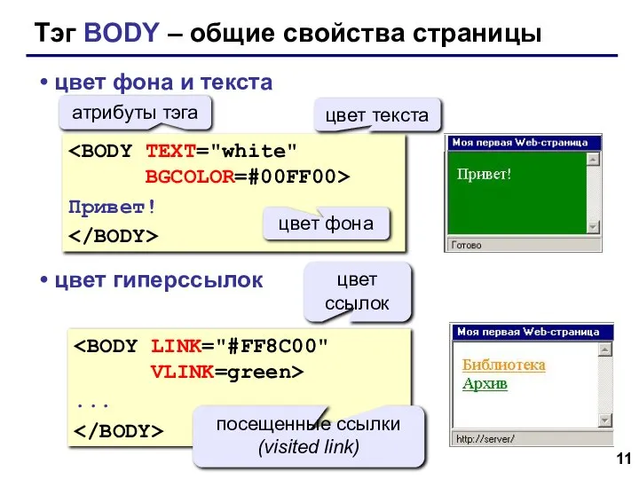 Тэг BODY – общие свойства страницы цвет фона и текста цвет