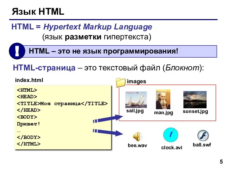 Язык HTML HTML = Hypertext Markup Language (язык разметки гипертекста) HTML-страница