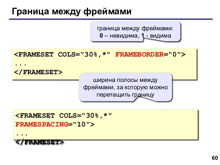 Граница между фреймами ... ... граница между фреймами: 0 – невидима,