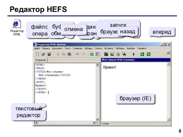 Редактор HEFS файловые операции буфер обмена один экран запуск браузера (F9)