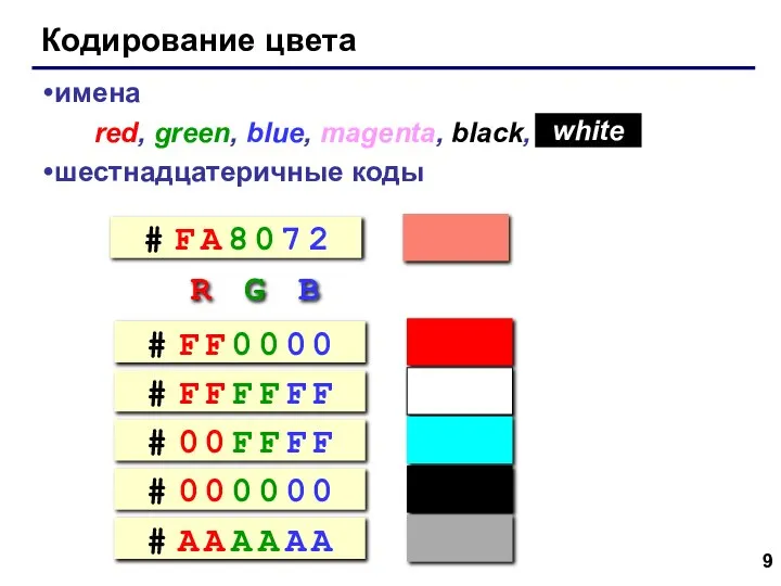 Кодирование цвета имена red, green, blue, magenta, black, шестнадцатеричные коды white