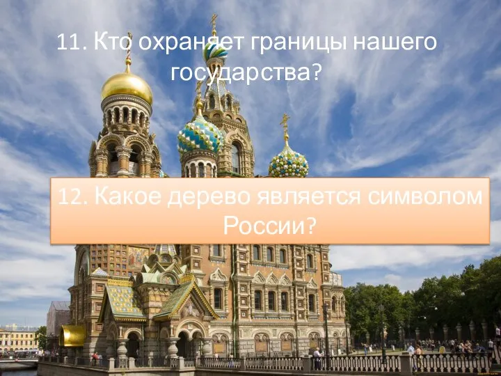 11. Кто охраняет границы нашего государства? 12. Какое дерево является символом России?