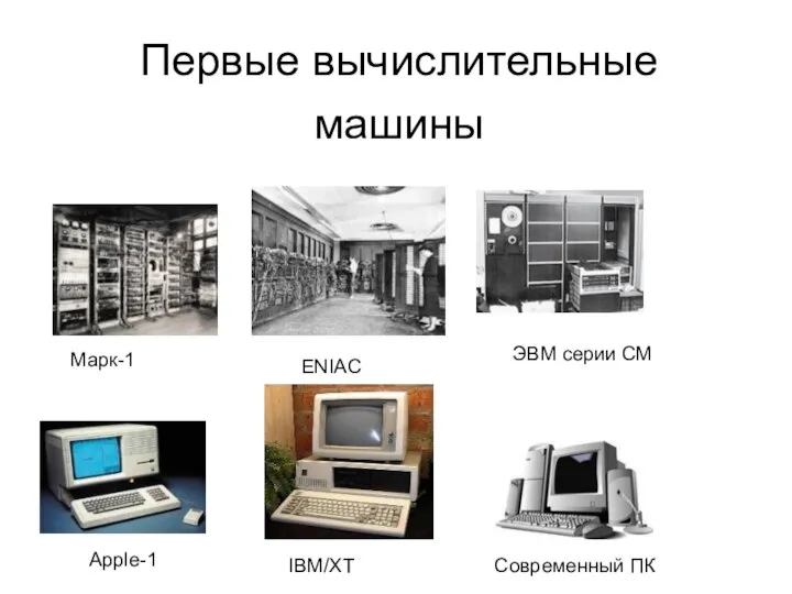 Первые вычислительные машины Марк-1 ENIAC ЭВМ серии СМ Apple-1 Современный ПК IBM/XT