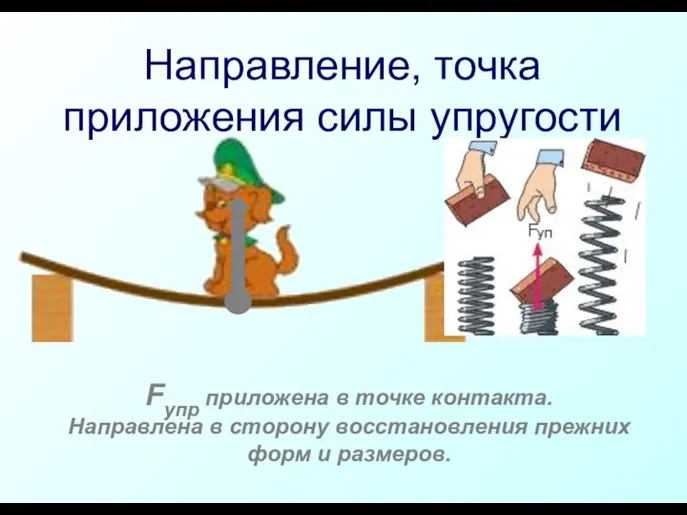 Направление, точка приложения силы упругости Fупр приложена в точке контакта. Направлена