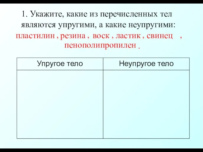 1. Укажите, какие из перечисленных тел являются упругими, а какие неупругими: