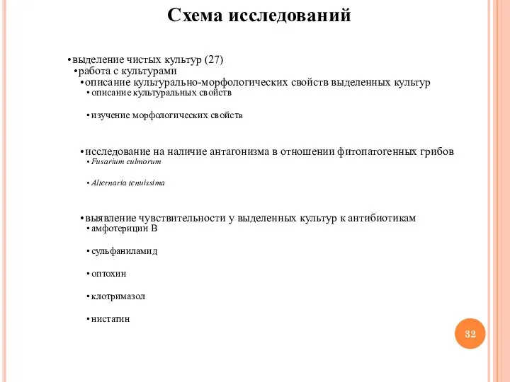 Схема исследований выделение чистых культур (27) работа с культурами описание культурально-морфологических