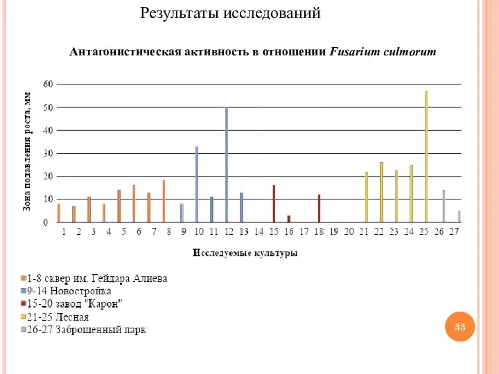 Результаты исследований Антагонистическая активность в отношении Fusarium culmorum