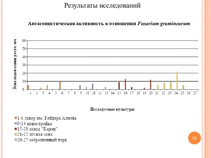 Результаты исследований Антагонистическая активность в отношении Fusarium graminearum