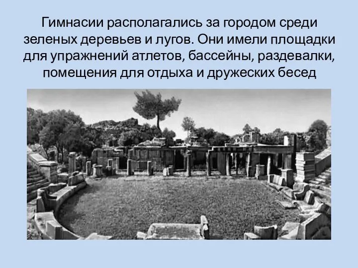 Гимнасии располагались за городом среди зеленых деревьев и лугов. Они имели