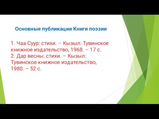 Основные публикации Книги поэзии 1. Чаа-Суур: стихи. – Кызыл: Тувинское книжное