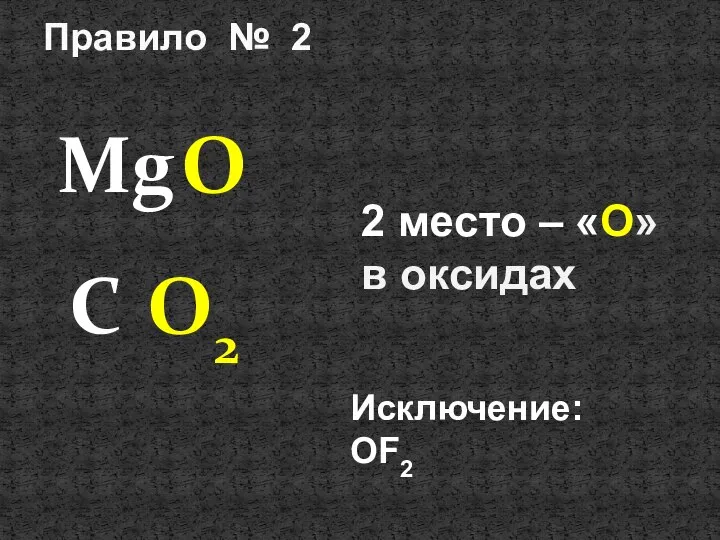 Правило № 2 Mg O C O2 2 место – «О» в оксидах Исключение: OF2