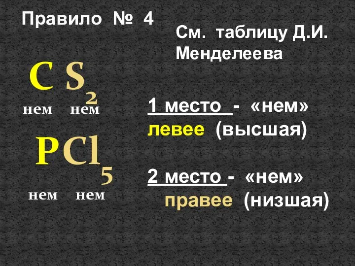 Правило № 4 С S2 P Cl5 нем нем нем нем