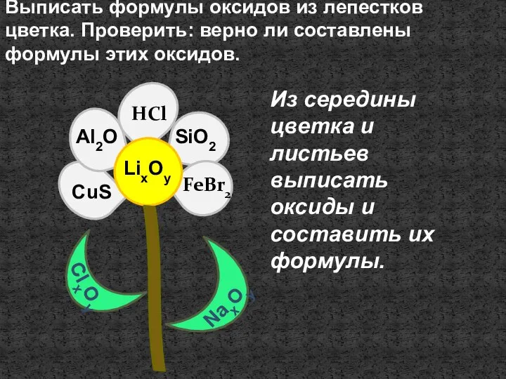 Выписать формулы оксидов из лепестков цветка. Проверить: верно ли составлены формулы