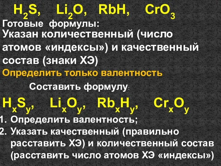 H2S, Li2O, RbH, CrO3 Готовые формулы: Указан количественный (число атомов «индексы»)