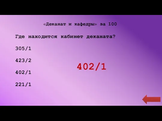 «Деканат и кафедры» за 100 Где находится кабинет деканата? 305/1 423/2 402/1 221/1 402/1