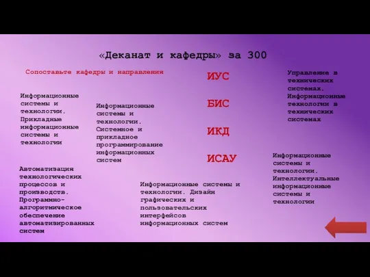 «Деканат и кафедры» за 300 Сопоставьте кафедры и направления Информационные системы