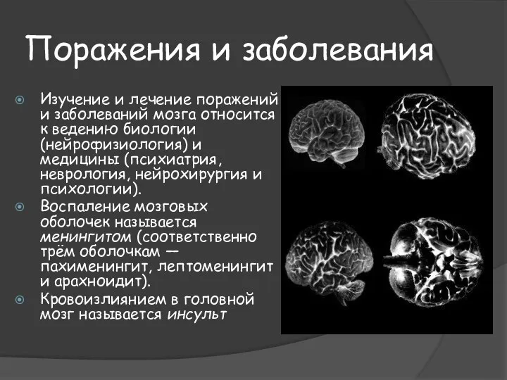 Поражения и заболевания Изучение и лечение поражений и заболеваний мозга относится