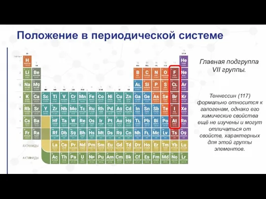 Положение в периодической системе Главная подгруппа VII группы. Теннессин (117) формально